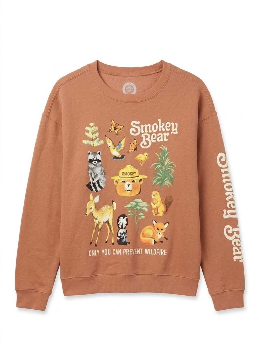 Smokey Bear Forest Friends Graphic Sweatshirt Medium Rust Brown Sleeve Print